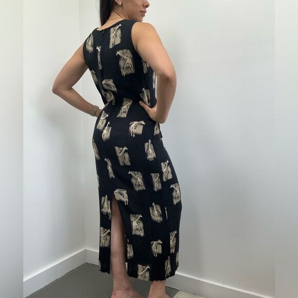 Vintage 90's Black Crinkle Safari Giraffe Theme Sleeveless Maxi/Midi Dress 8 - Picture 2 of 10